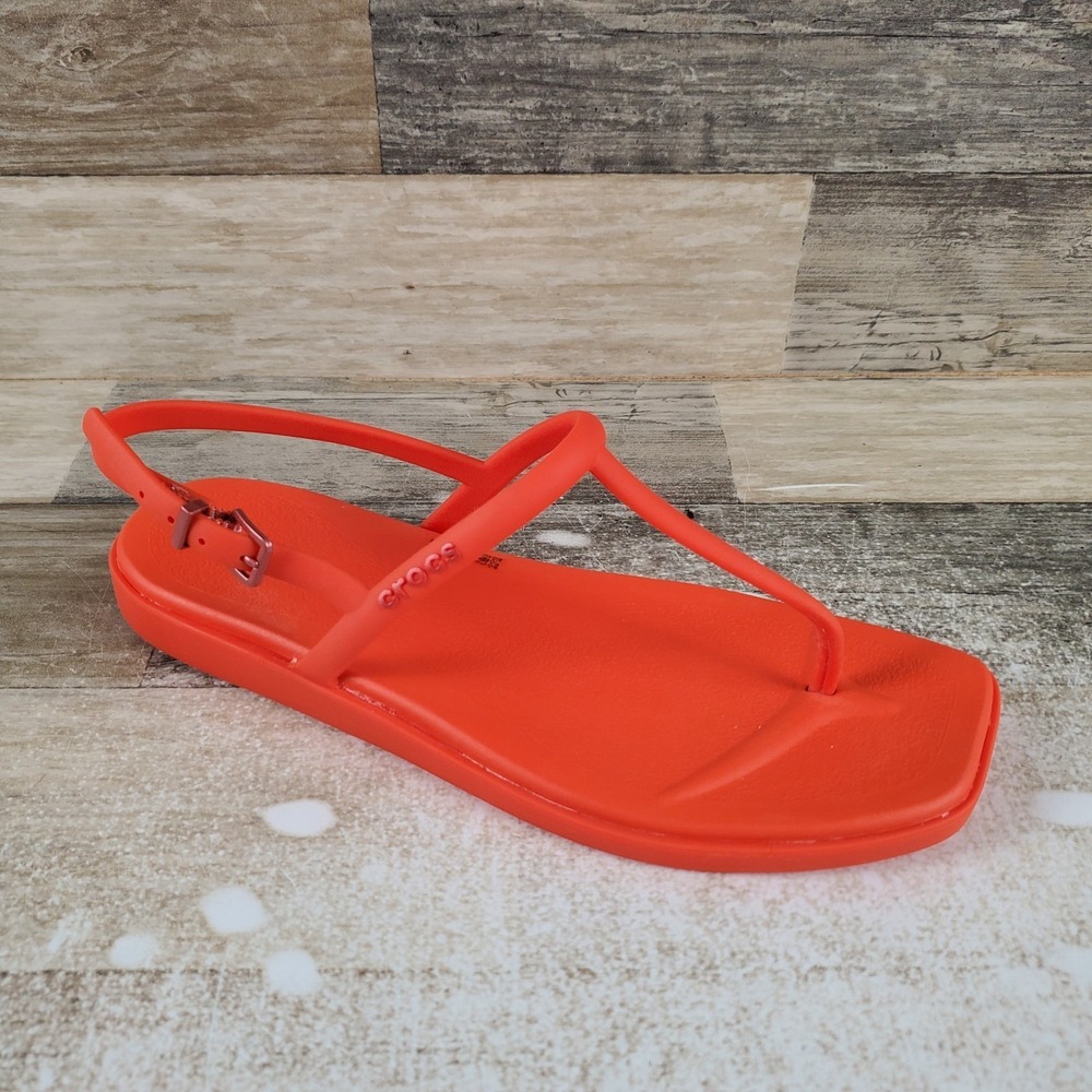 Crocs Miami Womens Thong Sandals Sz 7 W Orange Leather Buckle Slingback Open Toe